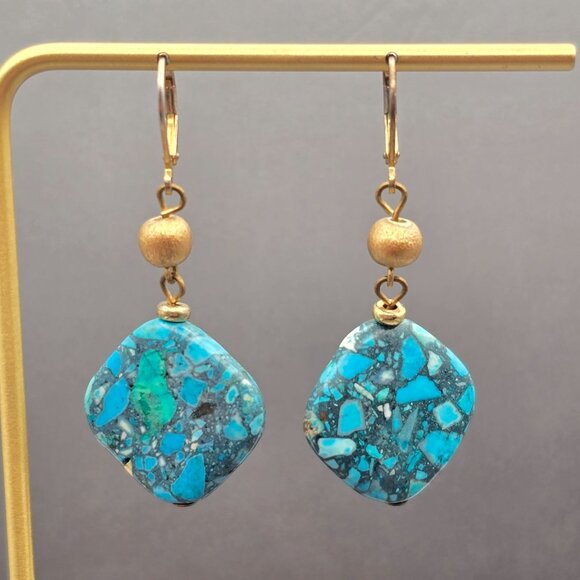 Faux Turquoise Dangle Earrings 2" Gold-Tone Accents & Lever Back Hooks - Picture 1 of 10